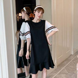Contrast Panel Short-sleeve A-line Dress
