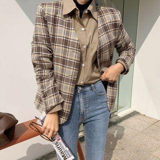 Collarless Plaid Blazer Brown - One Size