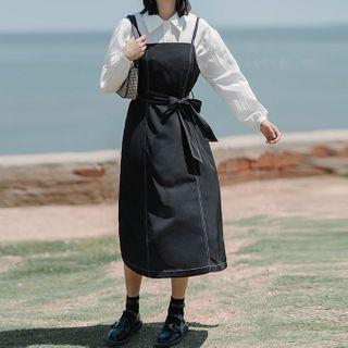 Stitch Plain Tie-waist Maxi Dress