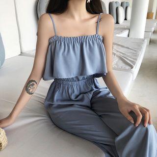 Spaghetti Strap Frill-trim Wide-leg Jumpsuit