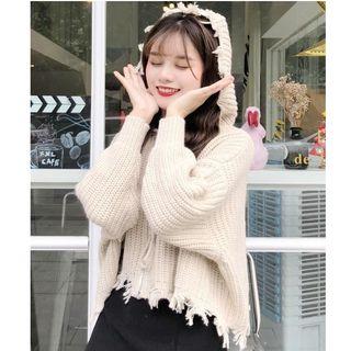 Fray-hem Hooded Zip Knit Jacket
