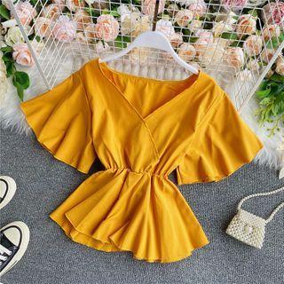 Plain V-neck Bell-sleeve Chiffon Blouse