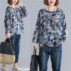 Patterned Long-sleeve Linen T-shirt As Shown In Figure - One Size