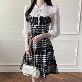 Inset Chiffon Blouse Plaid Godet Dress