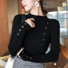 Mock Neck Button Accent Long-sleeve Knit Top