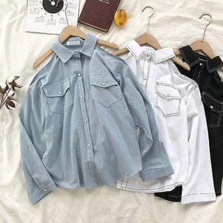 Plain Off-shoulder Double-pocket Long-sleeve Blouse