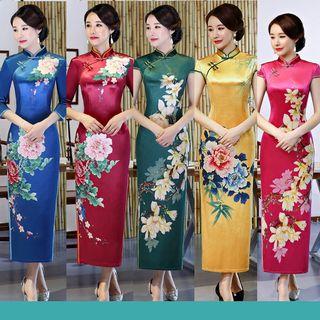 Short-sleeve Floral Midi Qipao