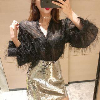 Lantern-sleeve Frayed Plain Blouse