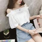 Lace Trim Cold-shoulder Elbow-sleeve Blouse