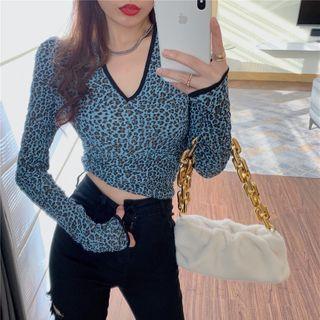 Long-sleeve Leopard Print V-neck T-shirt