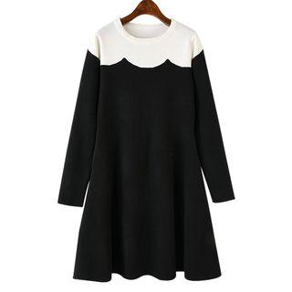 Long-sleeve Two-tone A-line Dress As Shown In Figure - One Size