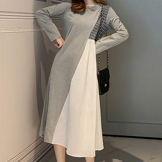 Long-sleeve Color Block Plaid Paneled Midi Dress