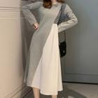 Long-sleeve Color Block Plaid Paneled Midi Dress