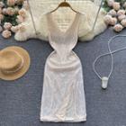 Short-sleeve V-neck Ruched Panel Sequin Slit Dress