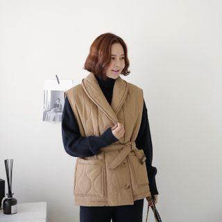 Shawl-collar Belted Padding Vest
