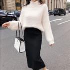 Set: Mock-turtleneck Furry Sweater + Midi Ribbed Knit Skirt Sweater - Off-white - One Size / Skirt - Black - One Size
