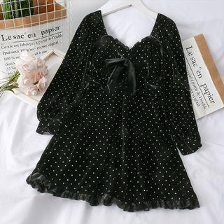 Ribbon-accent Velvet Mini Dress Black - One Size