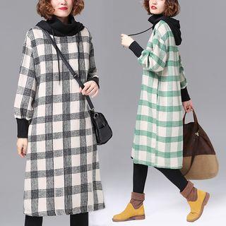 Plaid Mock-neck Hooded Midi Shift Dress