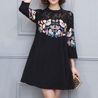 Lace Panel Printed 3/4-sleeve Shift Dress