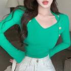 Long-sleeve V-neck Cropped Fitted Top
