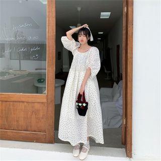 Floral Print Puff-sleeve Midi A-line Dress White - One Size