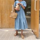 Puff-sleeve Tiered Denim Long Dress Light Blue - One Size