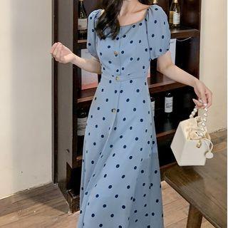 Short-sleeve Square-neck Dotted Midi A-line Dress