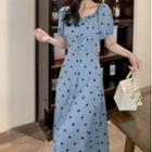 Short-sleeve Square-neck Dotted Midi A-line Dress