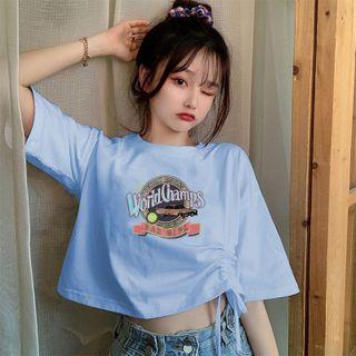 Short-sleeve Drawstring Pattern Cropped T-shirt