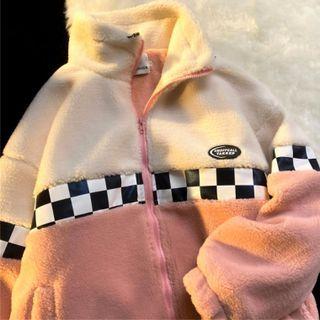 Two Tone Zip-up  Fleece Lettering Jacket