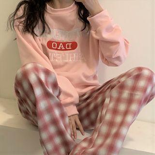 Lettering Embroidered Sweatshirt / Plaid Straight Leg Pants