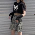 Short-sleeve Butterfly Print Crop Top / Leopard Print Mini Skirt