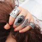 Set Of 4 : Retro Alloy Ring (assorted Designs) Set Of 4 - Silver & Black - One Size