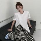 Short-sleeve Slit T-shirt / Checker Print Wide Leg Pants