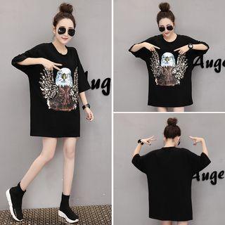 Eagle Print Sequined 3/4 Sleeve T-shirt Dress