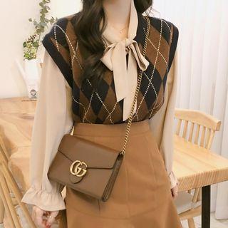 Tie-neck Blouse / Argyle Knit Vest