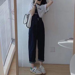 Short-sleeve Lettering T-shirt / One-shoulder Loose Fit Suspender Jeans