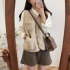 Fleece Vest / Ruffle Long-sleeve Blouse / Plaid Skirt