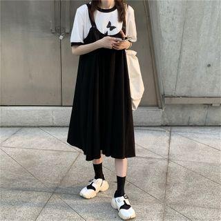 Short-sleeve Butterfly Print T-shirt / Midi Pinafore Dress