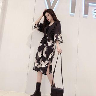 3/4-sleeve Print Long Jacket Black - One Size