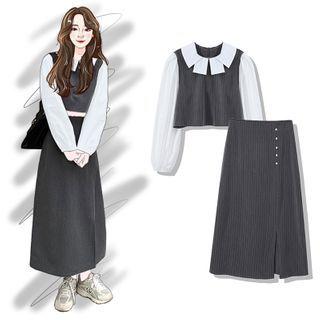 Set: Two-tone Blouse + Midi A-line Skirt