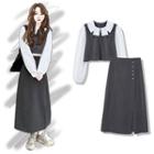 Set: Two-tone Blouse + Midi A-line Skirt
