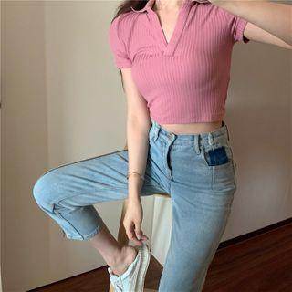 Plain Short-sleeve Collared Knit Cropped Top