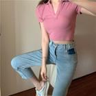 Plain Short-sleeve Collared Knit Cropped Top