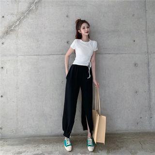 Drawstring Crew-neck Short-sleeve T-shirt / Side-slit Cropped Harem Pants