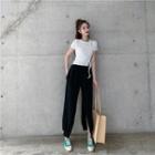Drawstring Crew-neck Short-sleeve T-shirt / Side-slit Cropped Harem Pants