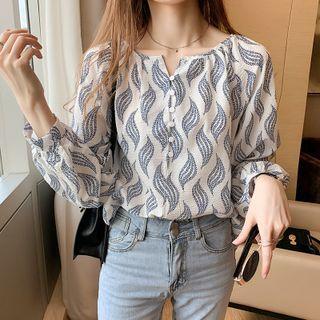 Long-sleeve Round Neck Print Loose Fit Blouse