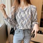 Long-sleeve Round Neck Print Loose Fit Blouse