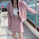 Lettering Hooded Zip Jacket / Mini Fitted Skirt