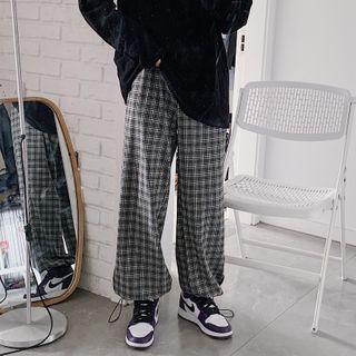 Plaid Drawstring-cuff Wide-leg Pants